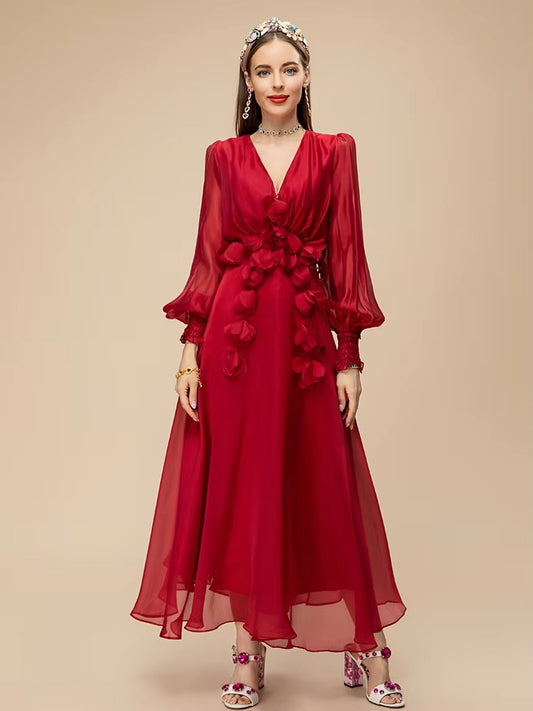 Elegant Red V-Neck Chiffon Party Dress