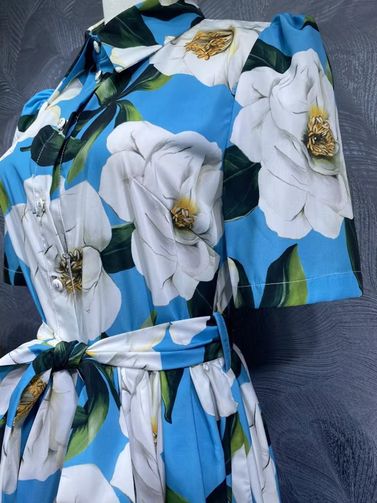 Vintage Floral Single-Breasted Dress