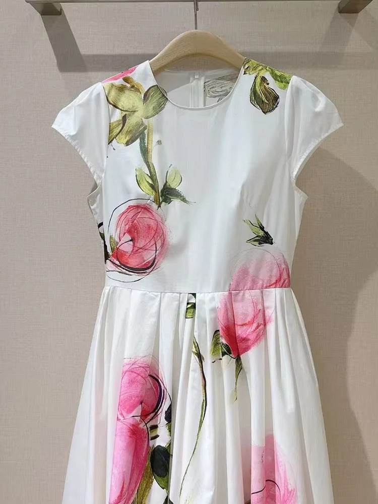 Elegant Pink & Green Floral Cotton Dress