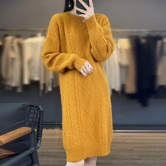 DJzDsm Autumn & Winter 100% Mink Fur Women's High-Quality Round Neck Thick Warm Knitted Loose Dress