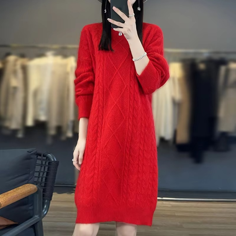 DJzDsm Autumn & Winter 100% Mink Fur Women's High-Quality Round Neck Thick Warm Knitted Loose Dress