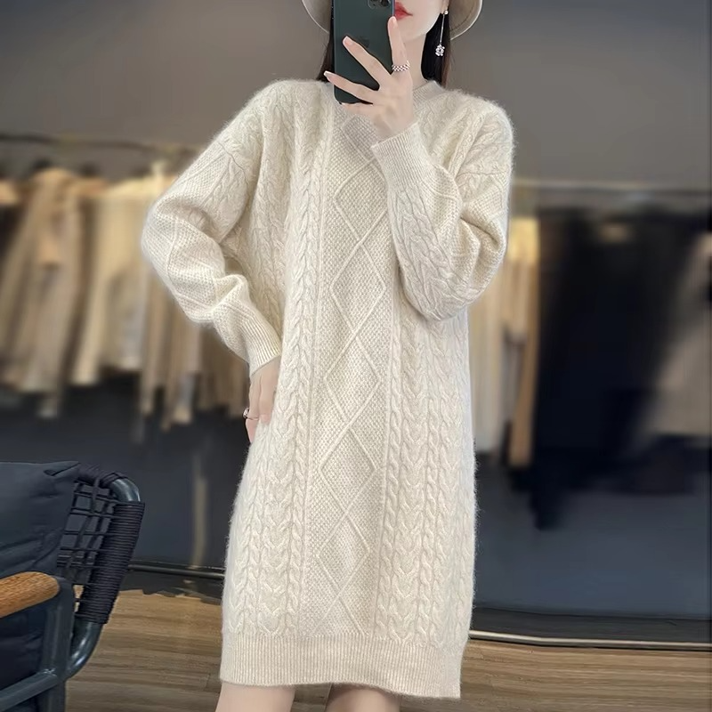 DJzDsm Autumn & Winter 100% Mink Fur Women's High-Quality Round Neck Thick Warm Knitted Loose Dress