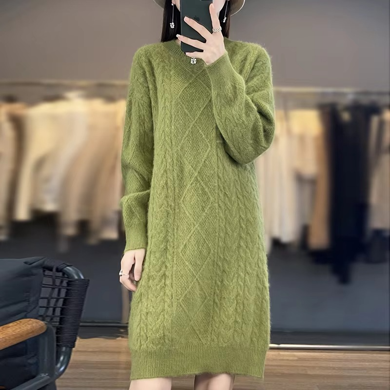 DJzDsm Autumn & Winter 100% Mink Fur Women's High-Quality Round Neck Thick Warm Knitted Loose Dress