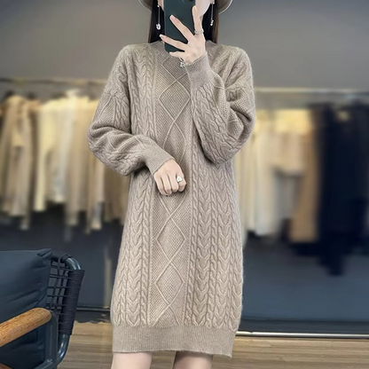 DJzDsm Autumn & Winter 100% Mink Fur Women's High-Quality Round Neck Thick Warm Knitted Loose Dress